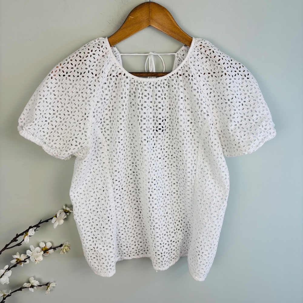 J Crew Puff Sleeve Open Eyelet Top Size 12 - Picture 3 of 5